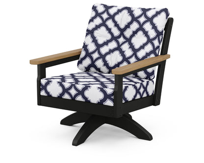POLYWOOD® Vineyard Deep Seating Swivel Chair in Black / Natural / Trellis Navy