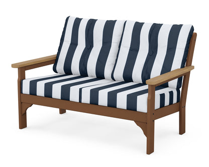 POLYWOOD® Vineyard Deep Seating Loveseat in Teak / Natural / Cabana Stripe Marine Indigo
