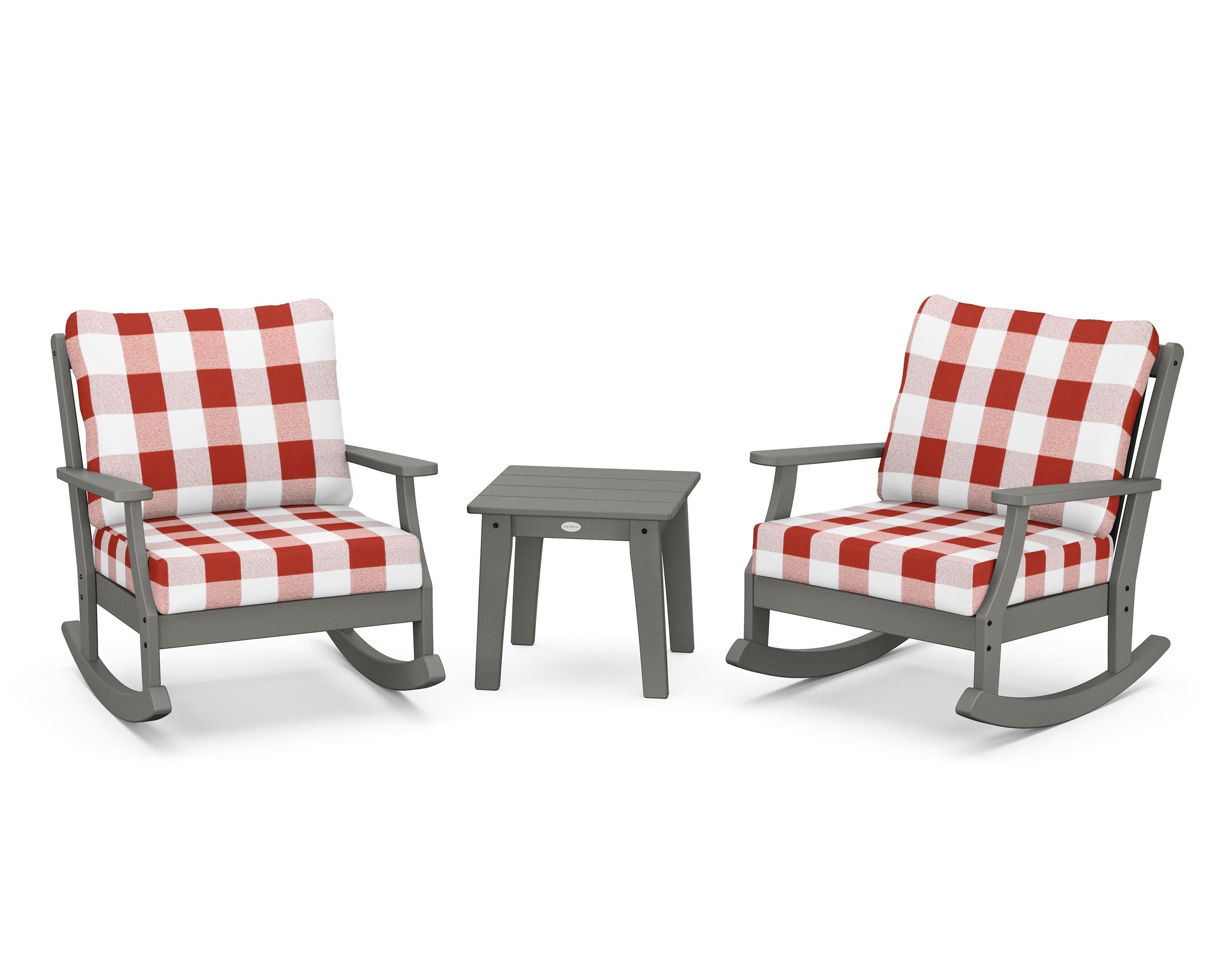 POLYWOOD® Braxton 3-Piece Deep Seating Rocker Set in Slate Grey / Buffalo Plaid Crimson