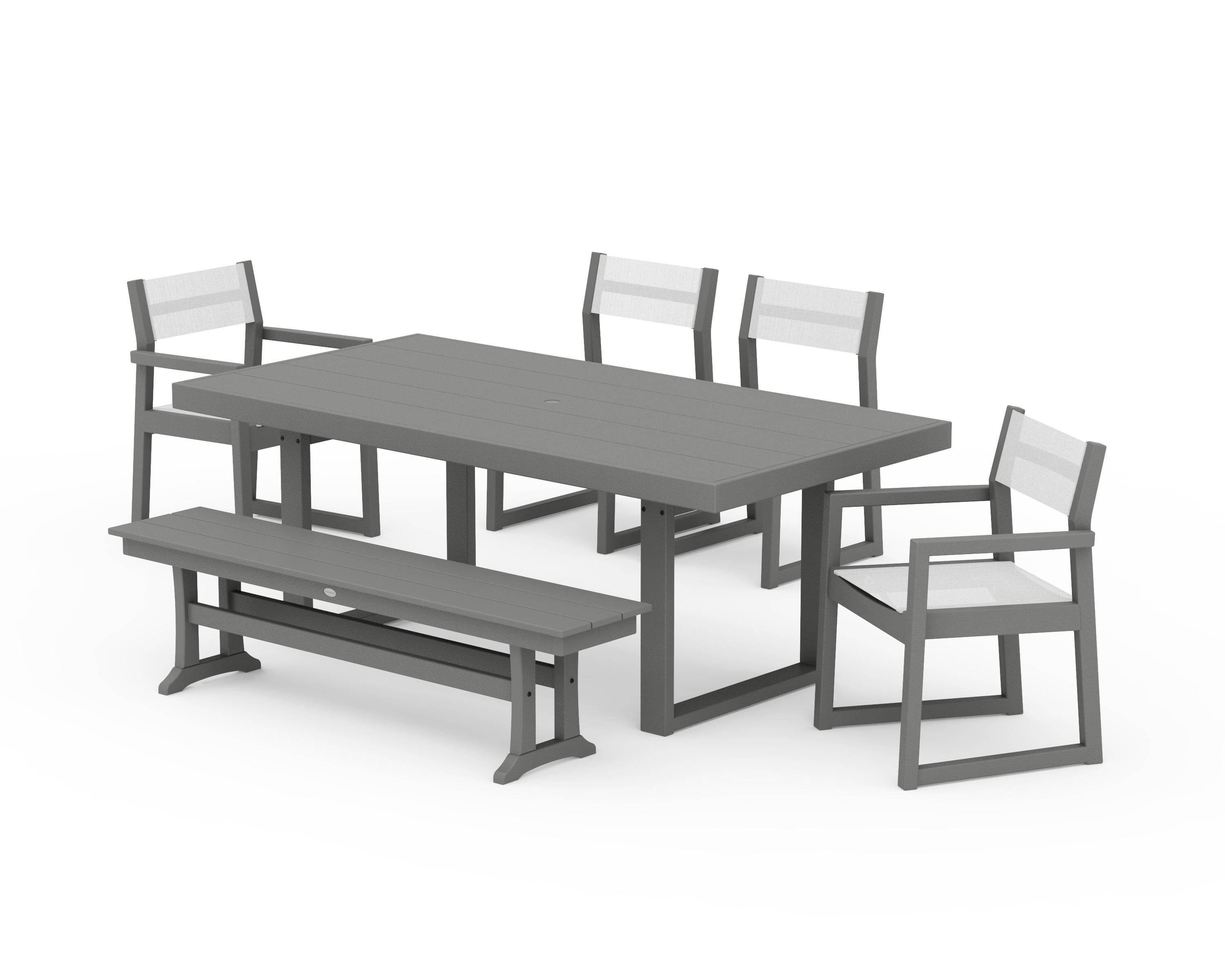 POLYWOOD® EDGE Sling 6-Piece Dining Set with Bench in Slate Grey / White Sling