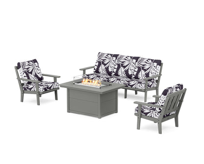 POLYWOOD® Oxford Deep Seating Fire Pit Table Set in Slate Grey / Leaf Navy