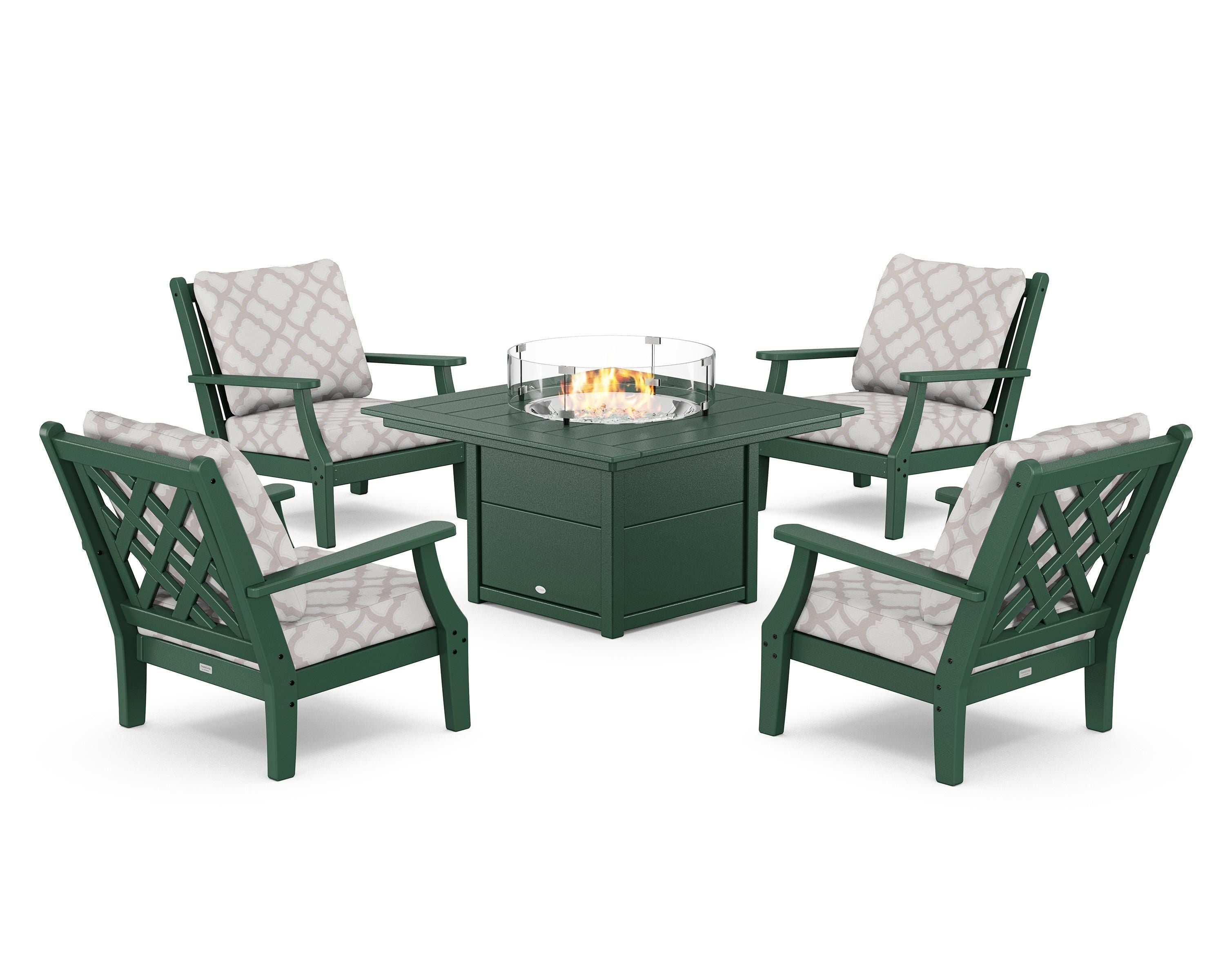 Country Living Wovendale 5-Piece Deep Seating Set with Fire Pit Table in Green / Trellis Dune Burlap