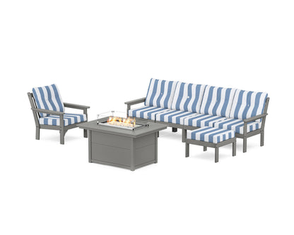 POLYWOOD® Vineyard Sectional Lounge and Fire Pit Set in Slate Grey / Cabana Stripe Sky Blue