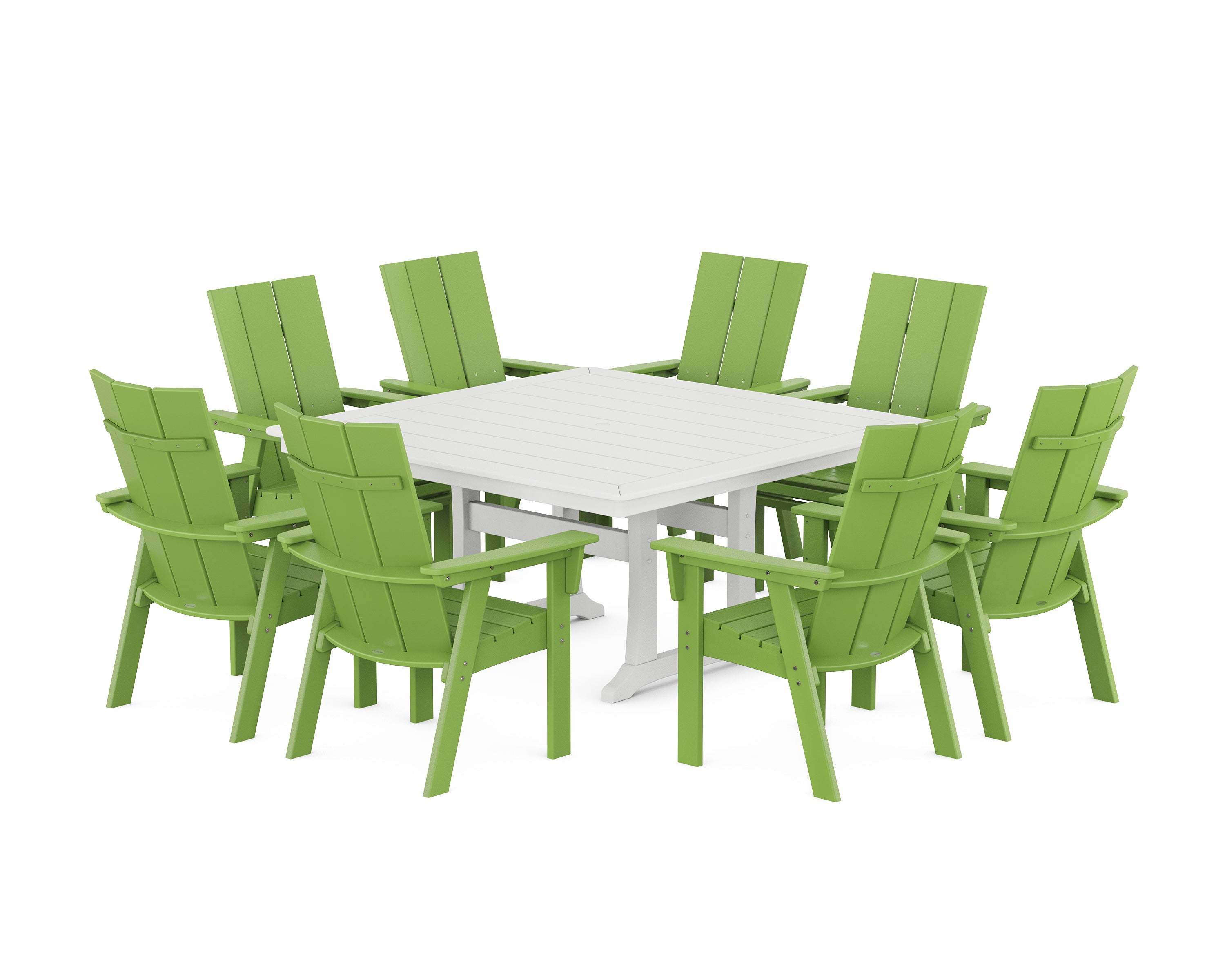 POLYWOOD® Modern Curveback Adirondack 9-Piece Square Dining Set with Trestle Legs in Lime / White