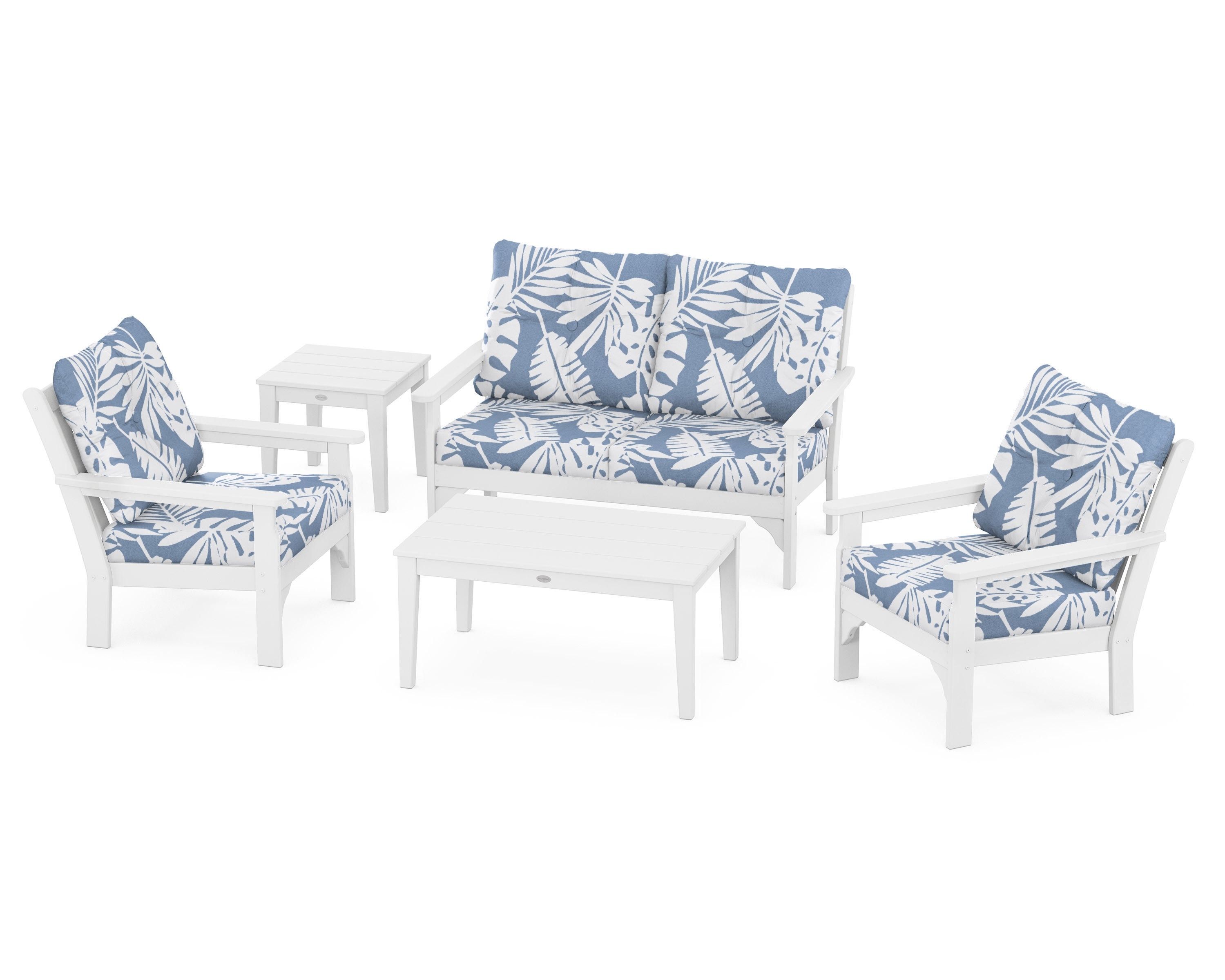 POLYWOOD® Vineyard 5-Piece Deep Seating Set in White / Leaf Sky Blue