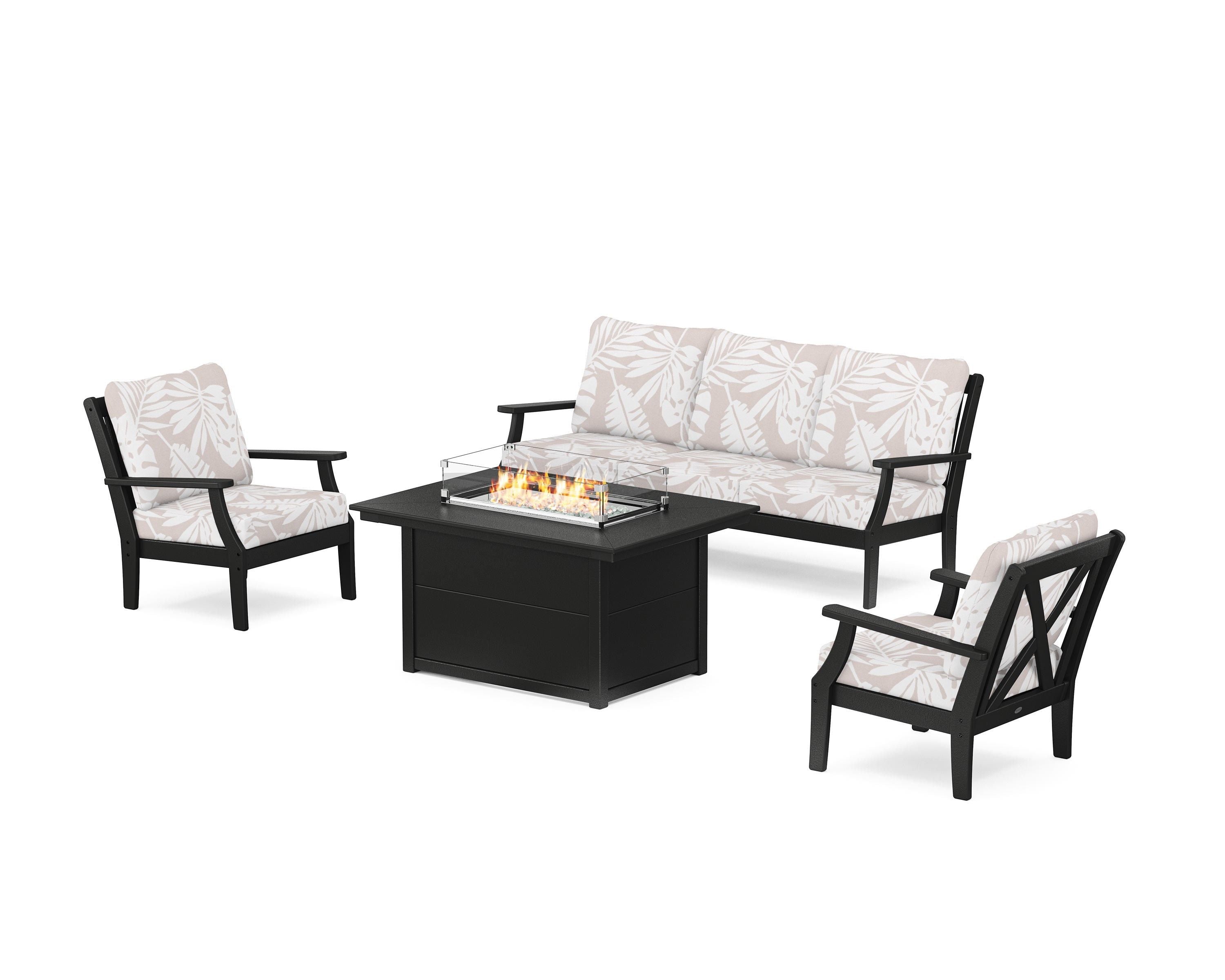 POLYWOOD® Braxton Deep Seating Fire Pit Table Set in Black / Leaf Dune Burlap