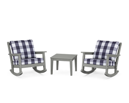 POLYWOOD® Chippendale 3-Piece Deep Seating Rocker Set in Slate Grey / Buffalo Plaid Navy