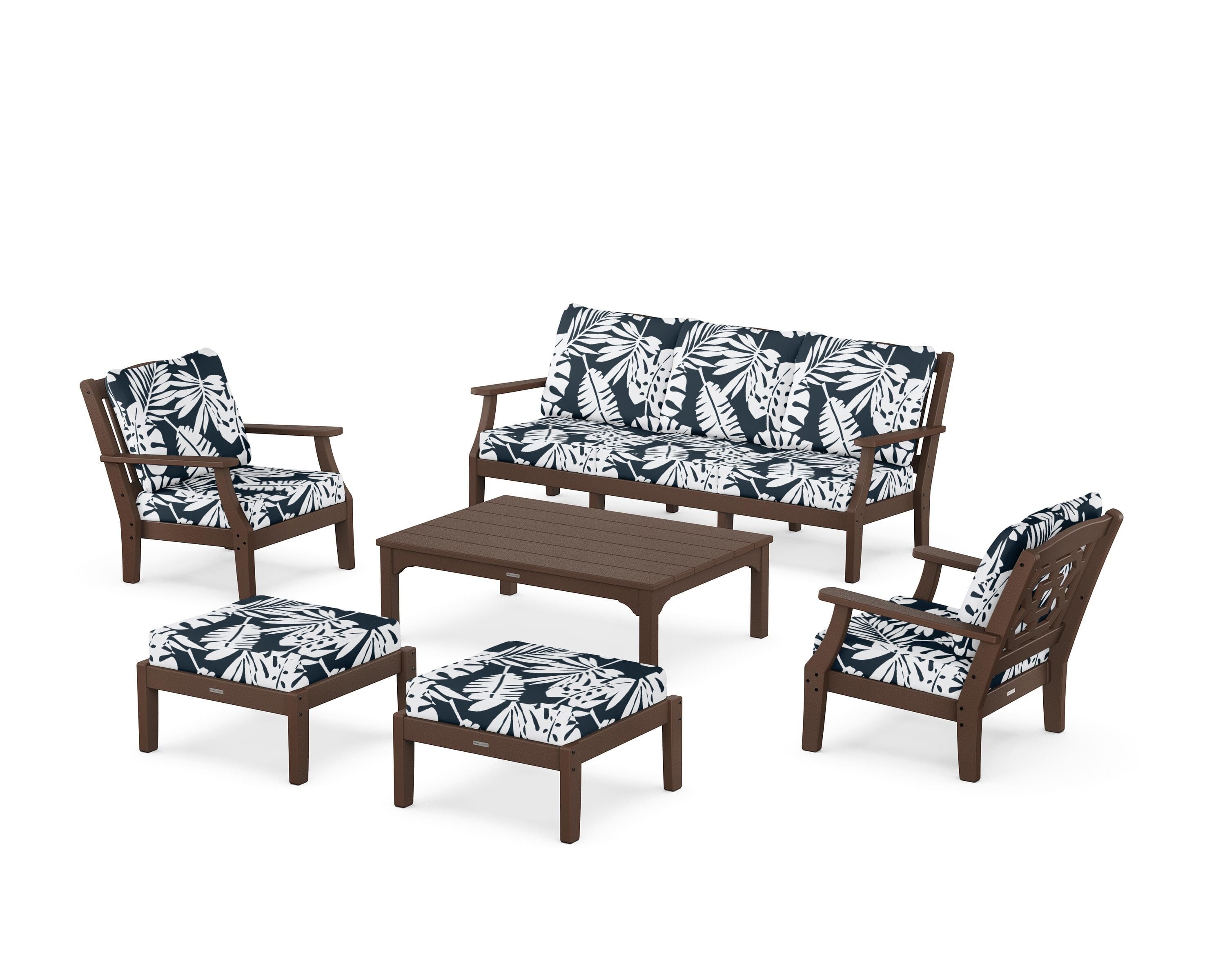 Martha Stewart by POLYWOOD® Chinoiserie 6-Piece Lounge Sofa Set in Mahogany / Leaf Marine Indigo