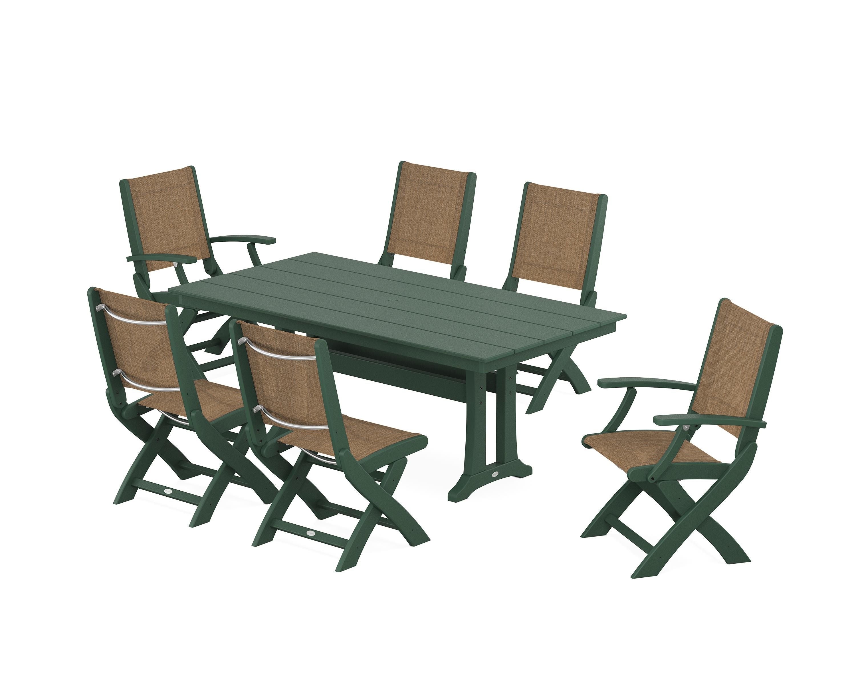 POLYWOOD® Coastal Folding Chair 7-Piece Farmhouse Dining Set with Trestle Legs in Green / Burlap Sling