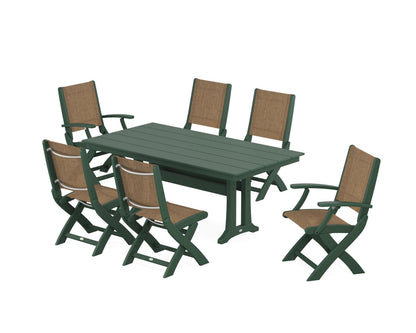 POLYWOOD® Coastal Folding Chair 7-Piece Farmhouse Dining Set with Trestle Legs in Green / Burlap Sling