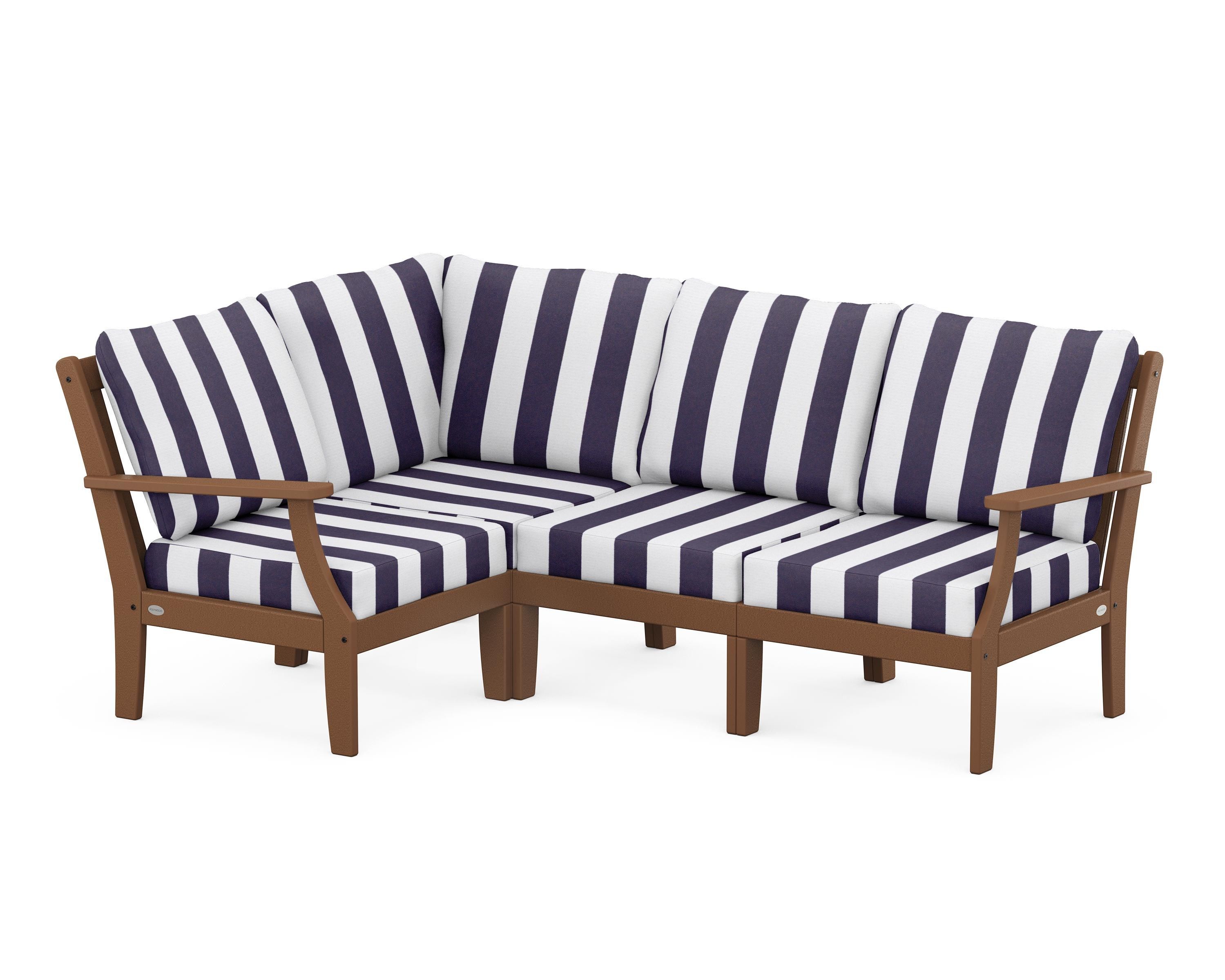 POLYWOOD® Braxton Modular 4-Piece Deep Seating Set in Teak / Cabana Stripe Navy