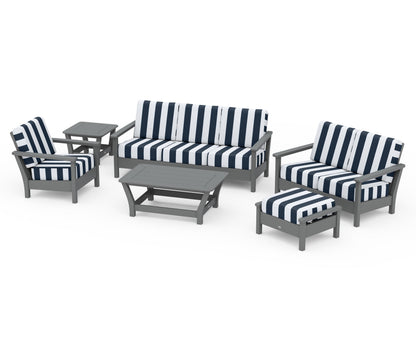 POLYWOOD® Harbour 6-Piece Outdoor Living Set in Slate Grey / Cabana Stripe Marine Indigo