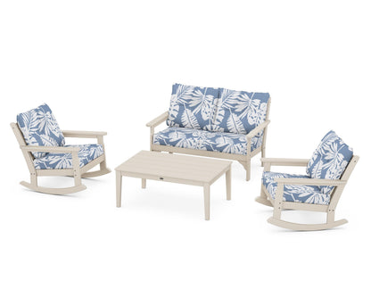 POLYWOOD® Vineyard 4-Piece Deep Seating Rocking Chair Set in Sand / Leaf Sky Blue