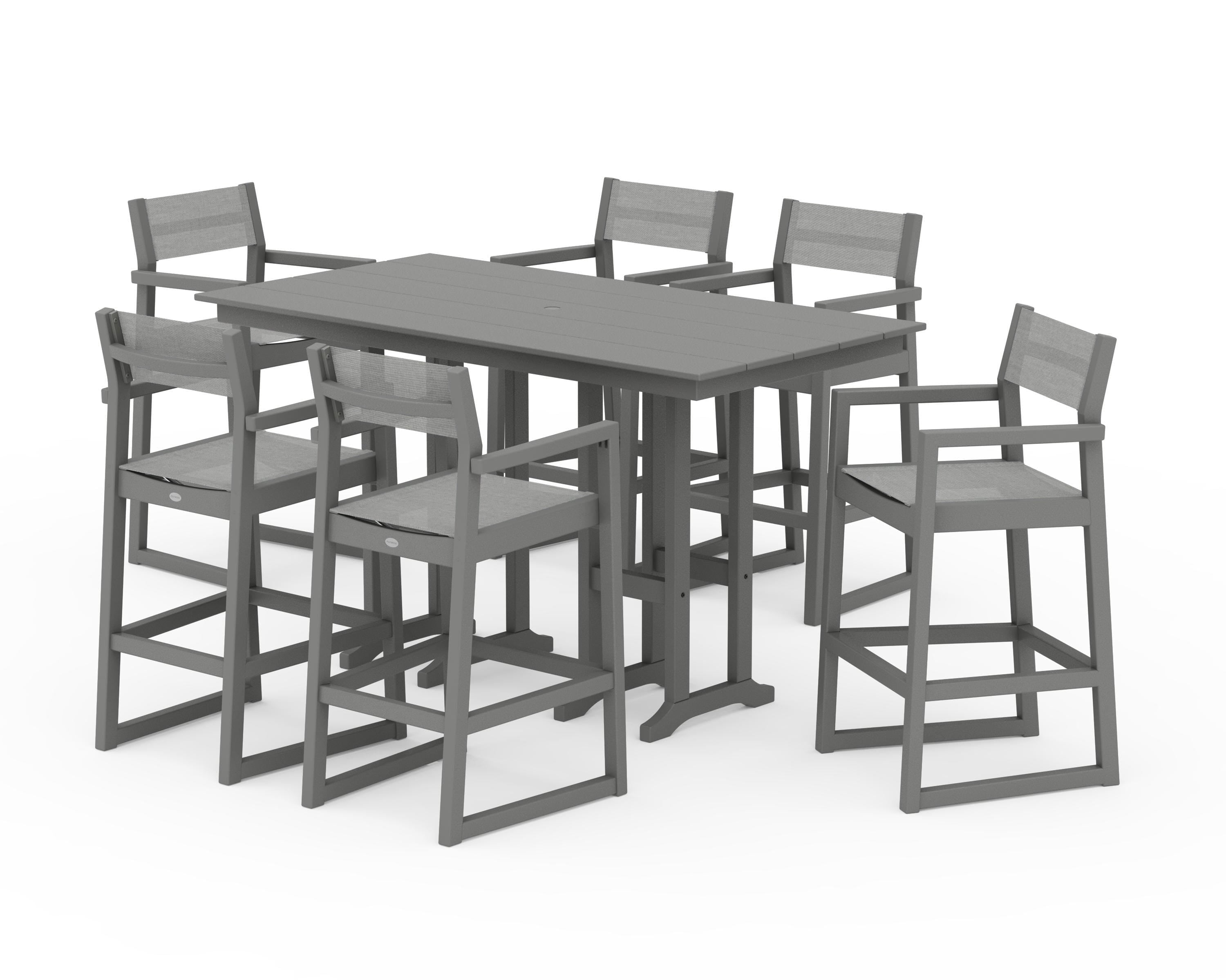 POLYWOOD® EDGE Sling Arm Chair 7-Piece Farmhouse Bar Set in Slate Grey / Metallic Sling