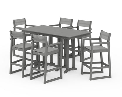 POLYWOOD® EDGE Sling Arm Chair 7-Piece Farmhouse Bar Set in Slate Grey / Metallic Sling