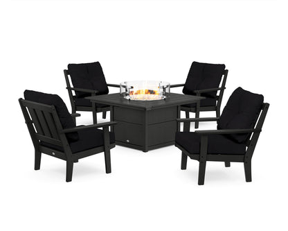 POLYWOOD® Oxford 5-Piece Deep Seating Set with Fire Pit Table in Black / Midnight Linen