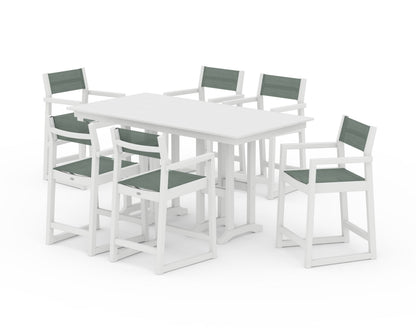 POLYWOOD® EDGE Sling Arm Chair 7-Piece Farmhouse Counter Set in White / Dupioni Sea Mist Sling