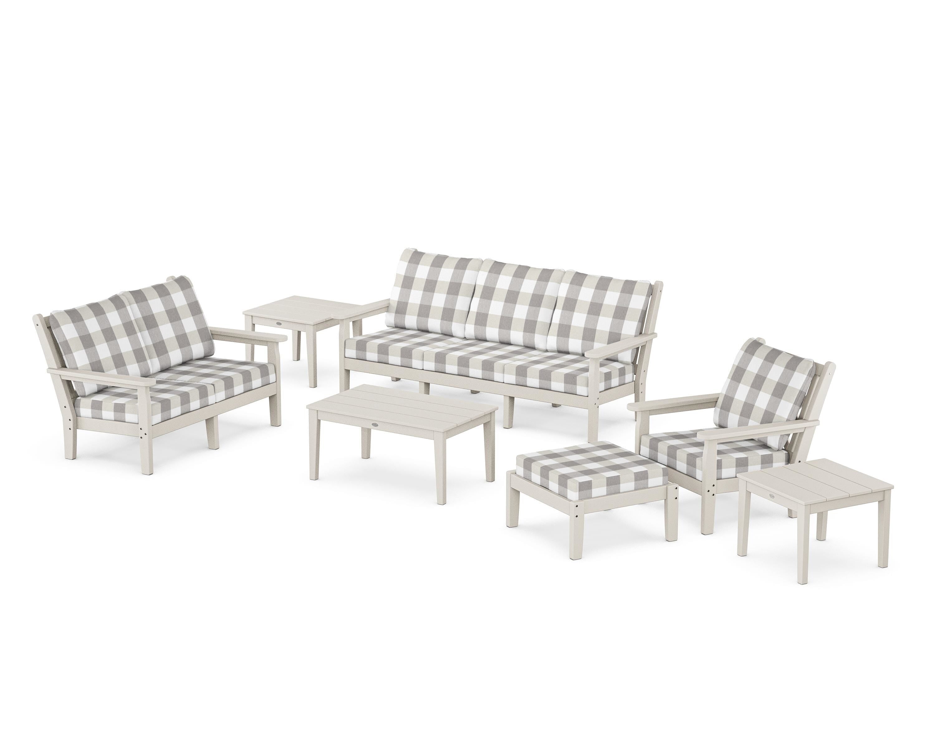 POLYWOOD® Chippendale 7-Piece Deep Seating Set in Sand / Buffalo Plaid Grey Mist