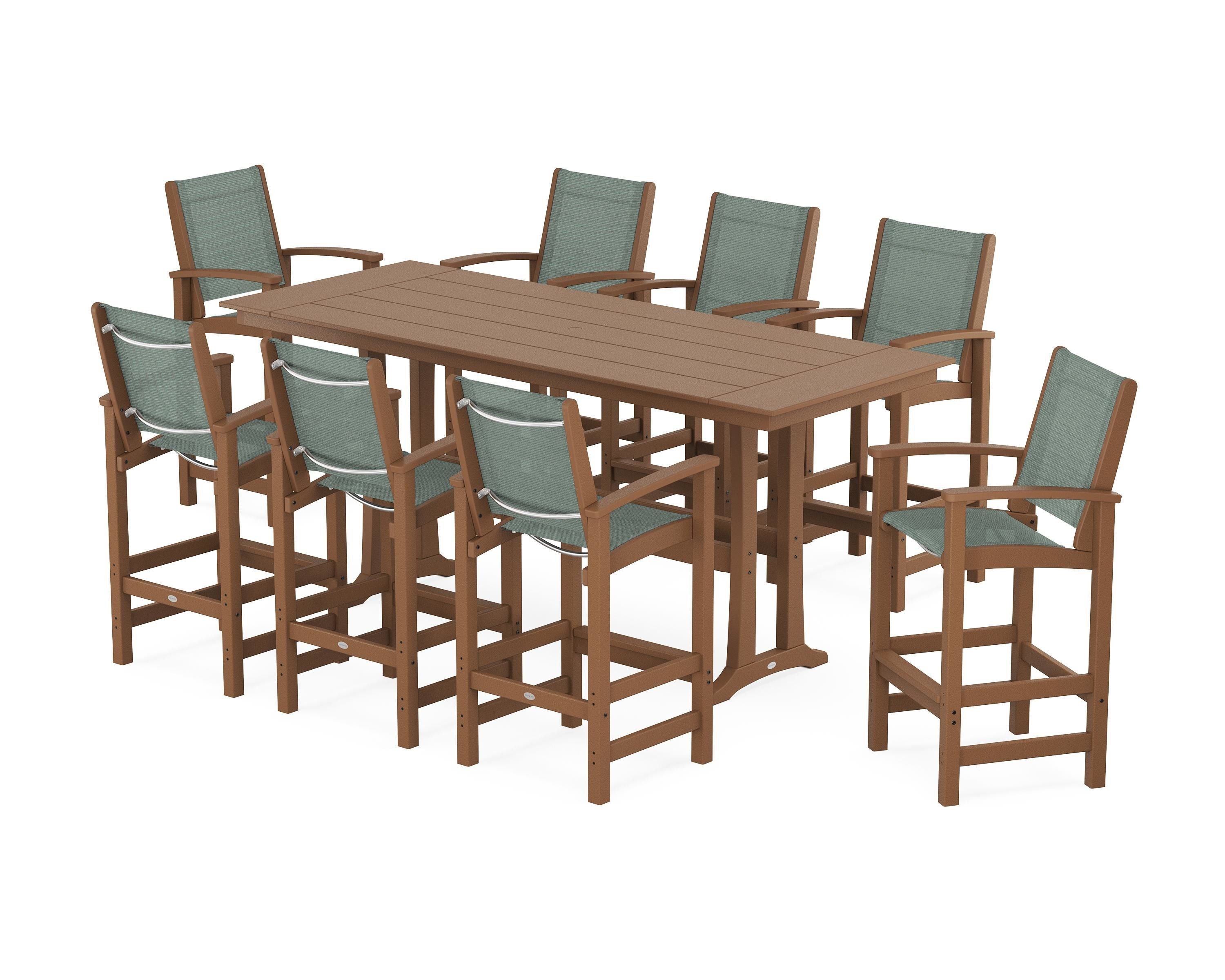 POLYWOOD® Coastal 9-Piece Farmhouse Bar Set with Trestle Legs in Teak / Dupioni Sea Mist Sling