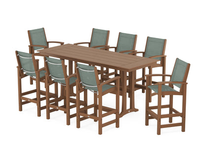 POLYWOOD® Coastal 9-Piece Farmhouse Bar Set with Trestle Legs in Teak / Dupioni Sea Mist Sling