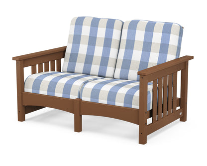 POLYWOOD® Club Mission Loveseat in Teak / Buffalo Plaid Sky Blue