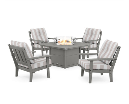 POLYWOOD® Oxford 5-Piece Deep Seating Set with Fire Pit Table in Slate Grey / Cabana Stripe Dune Burlap