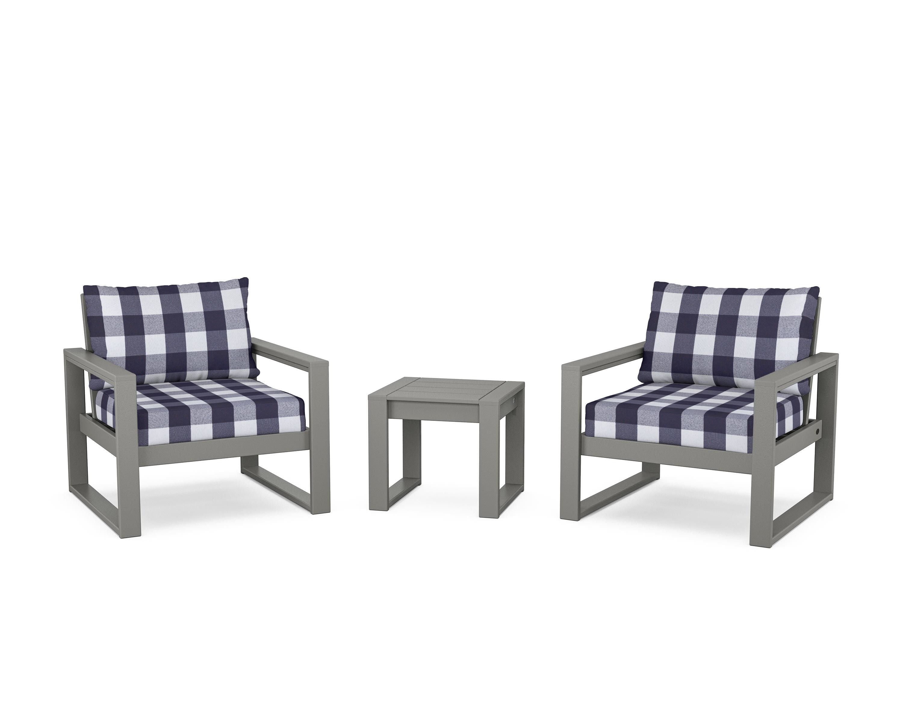 POLYWOOD® EDGE Sectional 3-Piece Deep Seating Set in Slate Grey / Buffalo Plaid Navy