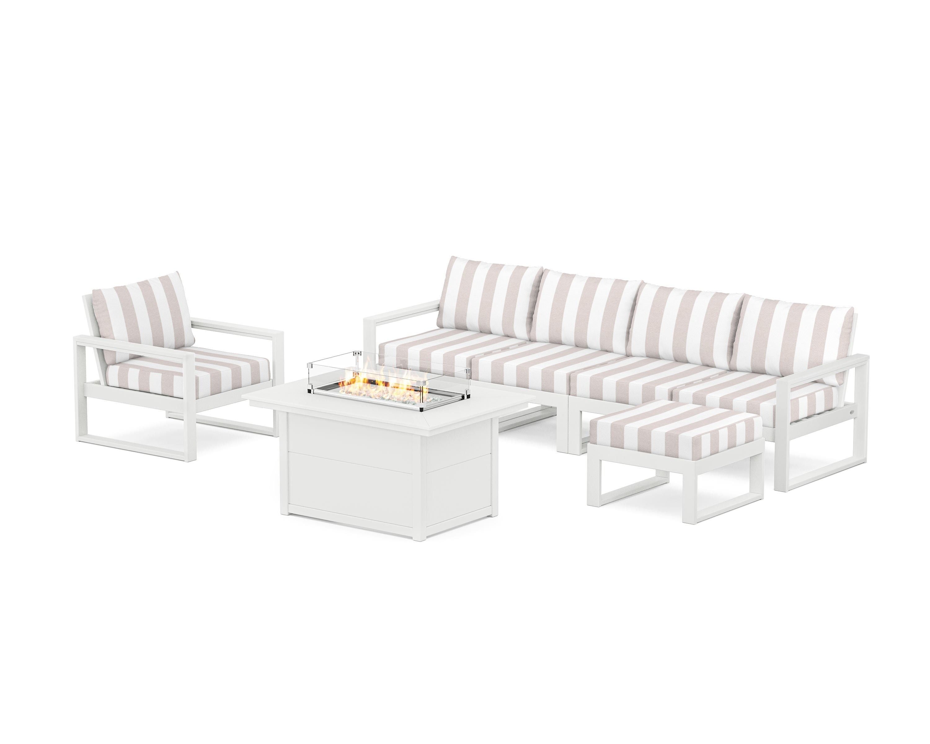 POLYWOOD® EDGE Sectional Lounge and Fire Pit Set in White / Cabana Stripe Dune Burlap
