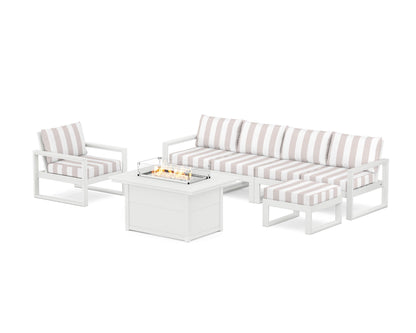 POLYWOOD® EDGE Sectional Lounge and Fire Pit Set in White / Cabana Stripe Dune Burlap
