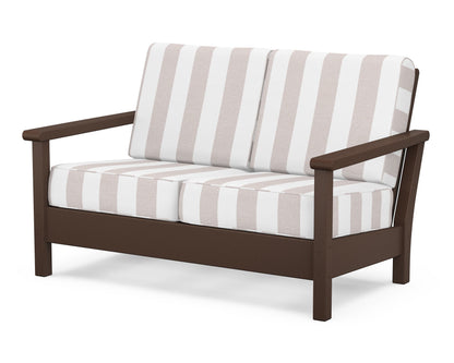 POLYWOOD® Harbour Deep Seating Loveseat in Mahogany / Cabana Stripe Dune Burlap
