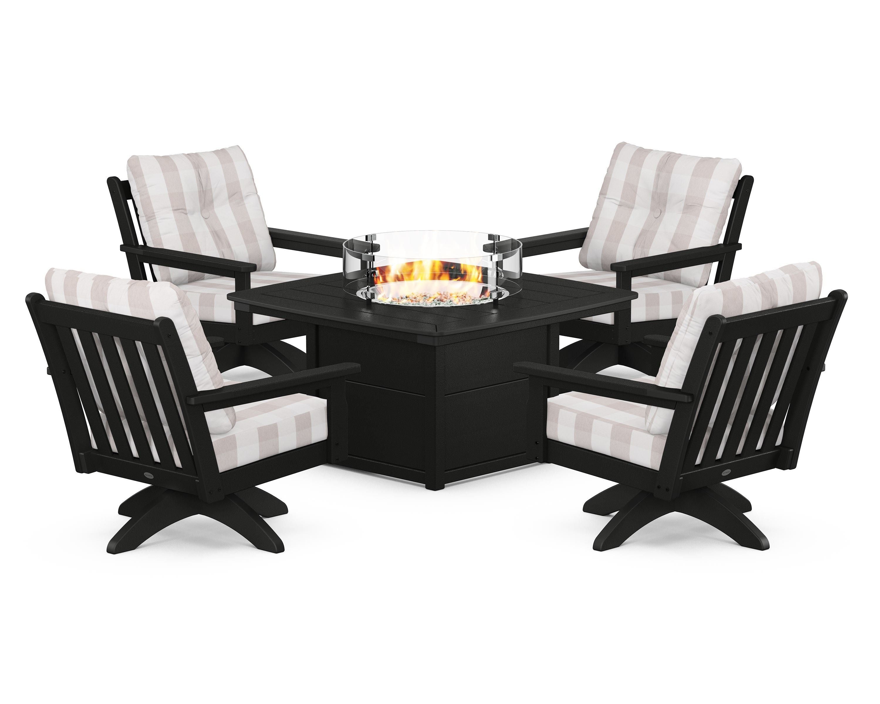 POLYWOOD® Vineyard 5-Piece Deep Seating Swivel Conversation Set with Fire Pit Table in Black / Buffalo Plaid Dune Burlap
