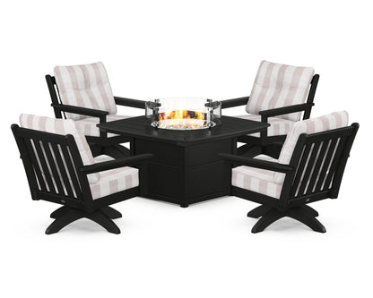 POLYWOOD® Vineyard 5-Piece Deep Seating Swivel Conversation Set with Fire Pit Table in Black / Buffalo Plaid Dune Burlap