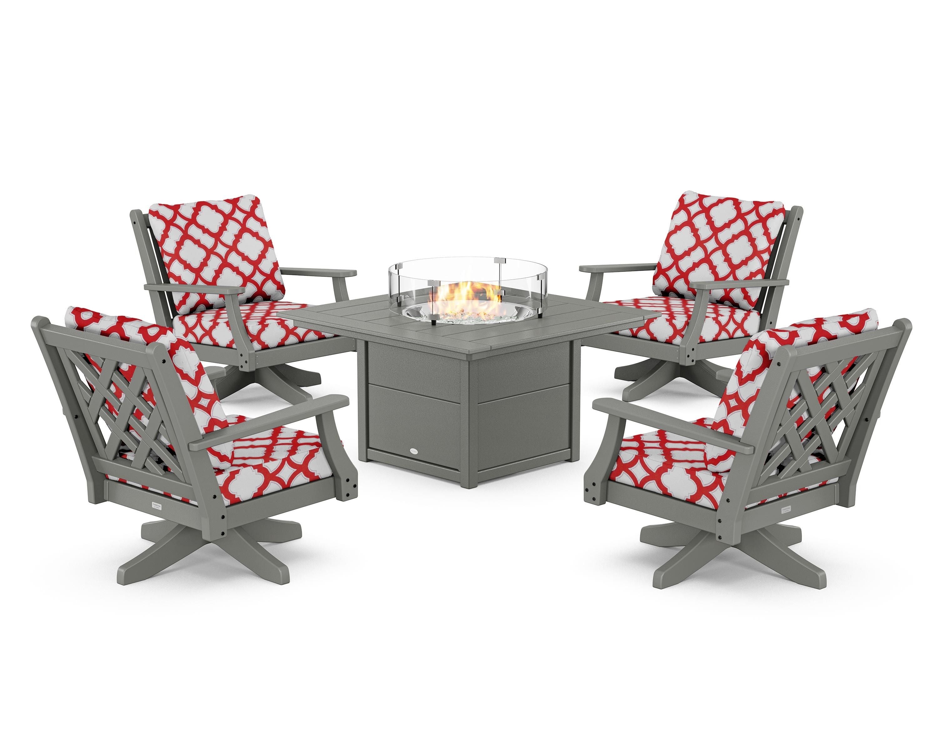 Country Living Wovendale 5-Piece Deep Seating Swivel Conversation Set with Fire Pit Table in Slate Grey / Trellis Crimson