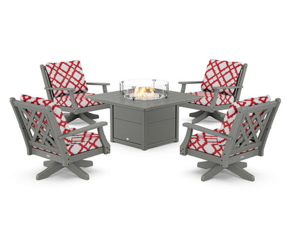 Country Living Wovendale 5-Piece Deep Seating Swivel Conversation Set with Fire Pit Table in Slate Grey / Trellis Crimson