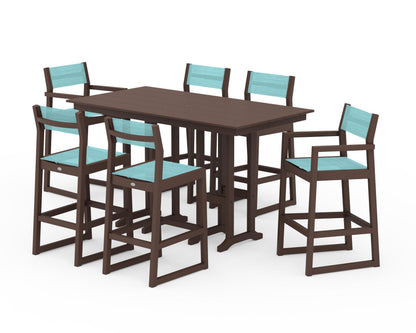 POLYWOOD® EDGE Sling 7-Piece Farmhouse Bar Set in Mahogany / Dupioni Aquamarine Sling