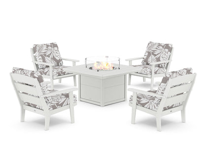 POLYWOOD® Lakeside 5-Piece Deep Seating Set with Nautical Fire Pit Table in White / Leaf Grey Mist