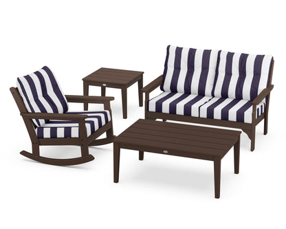 POLYWOOD® Vineyard 4-Piece Deep Seating Rocker Set in Mahogany / Cabana Stripe Navy