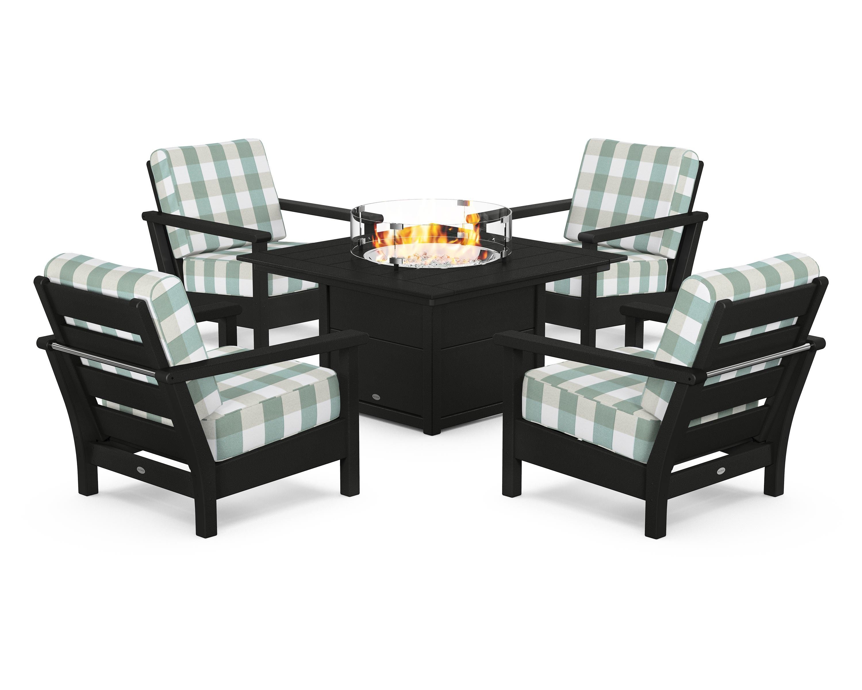 POLYWOOD® Harbour 5-Piece Conversation Set with Fire Pit Table in Black / Buffalo Plaid Glacier Spa