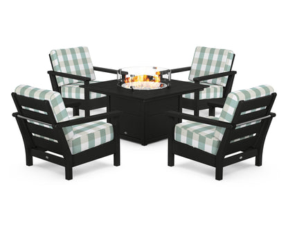 POLYWOOD® Harbour 5-Piece Conversation Set with Fire Pit Table in Black / Buffalo Plaid Glacier Spa