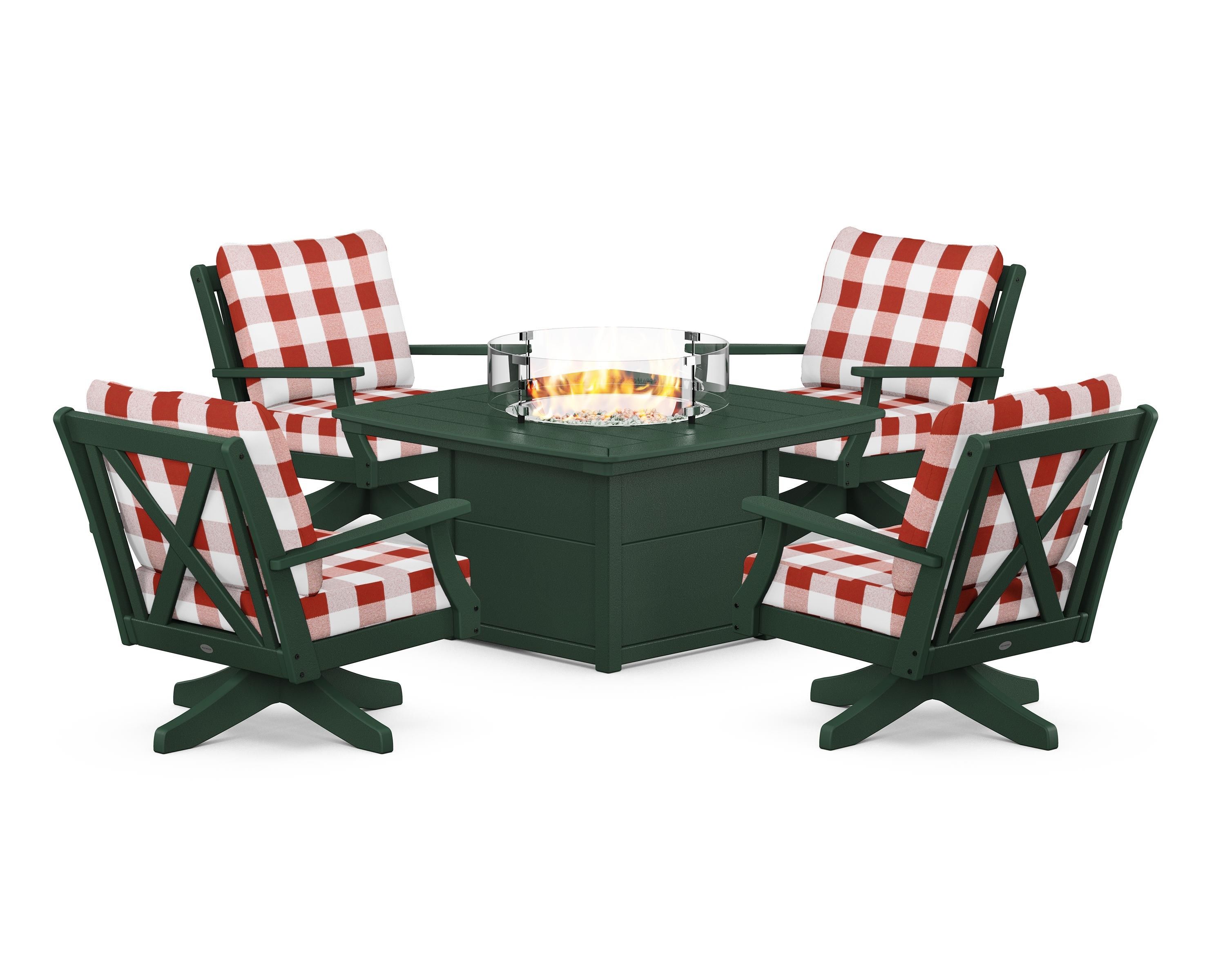 POLYWOOD® Braxton 5-Piece Deep Seating Swivel Conversation Set with Fire Pit Table in Green / Buffalo Plaid Crimson