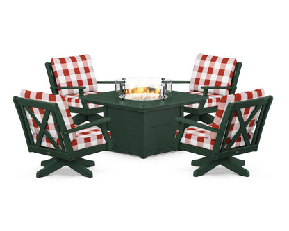 POLYWOOD® Braxton 5-Piece Deep Seating Swivel Conversation Set with Fire Pit Table in Green / Buffalo Plaid Crimson