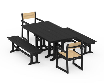 POLYWOOD® EDGE Sling Arm Chair 5-Piece Farmhouse Dining Set with Benches in Black / Dupioni Apricot Sling