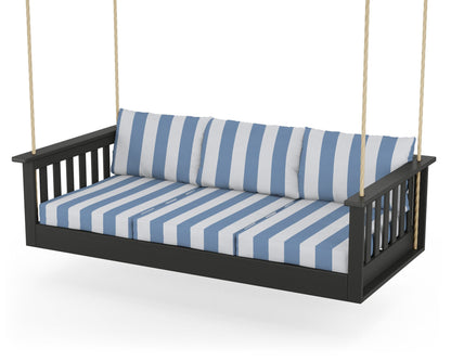 POLYWOOD® Vineyard Daybed Swing in Black / Cabana Stripe Sky Blue