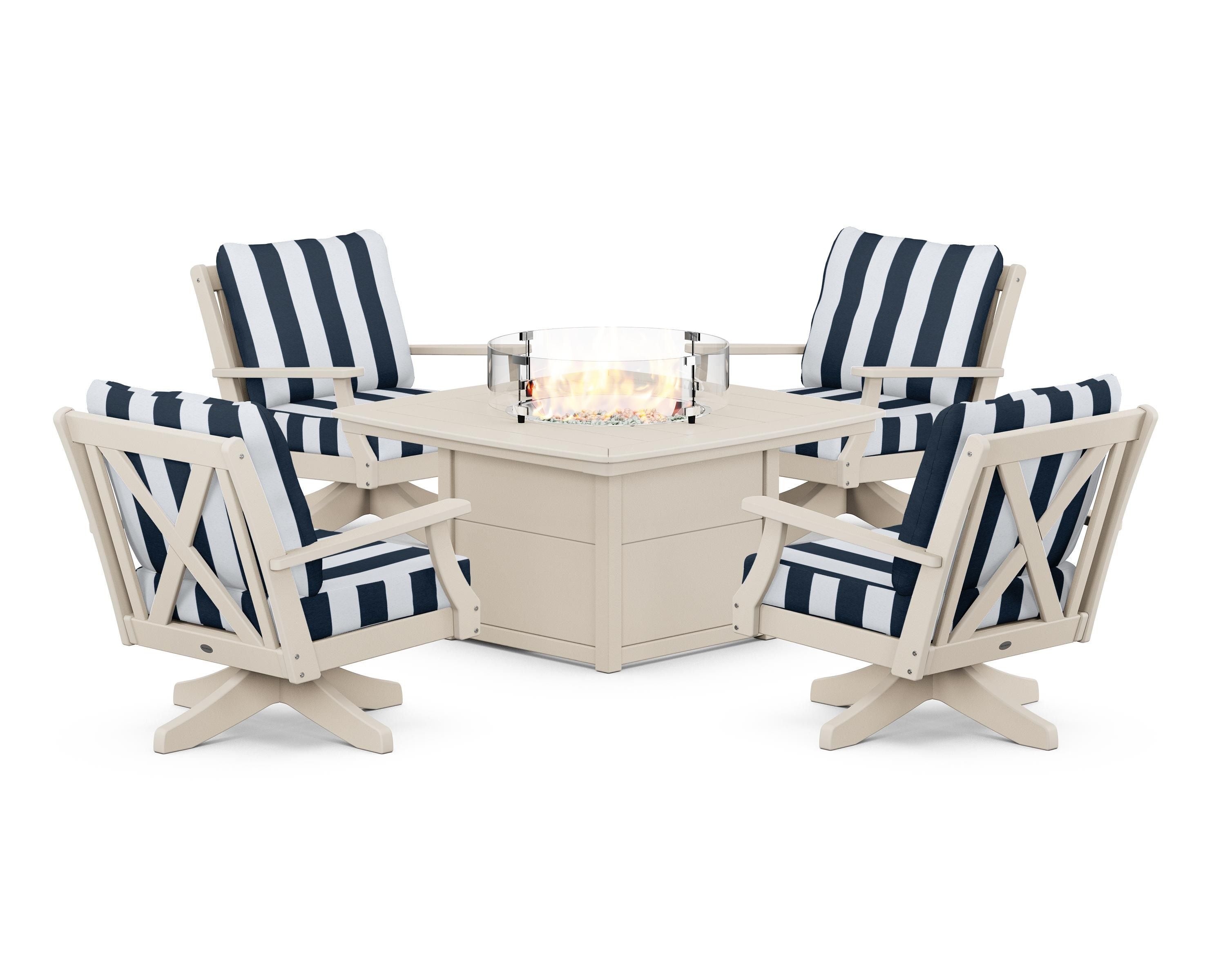 POLYWOOD® Braxton 5-Piece Deep Seating Swivel Conversation Set with Fire Pit Table in Sand / Cabana Stripe Marine Indigo