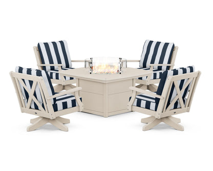 POLYWOOD® Braxton 5-Piece Deep Seating Swivel Conversation Set with Fire Pit Table in Sand / Cabana Stripe Marine Indigo