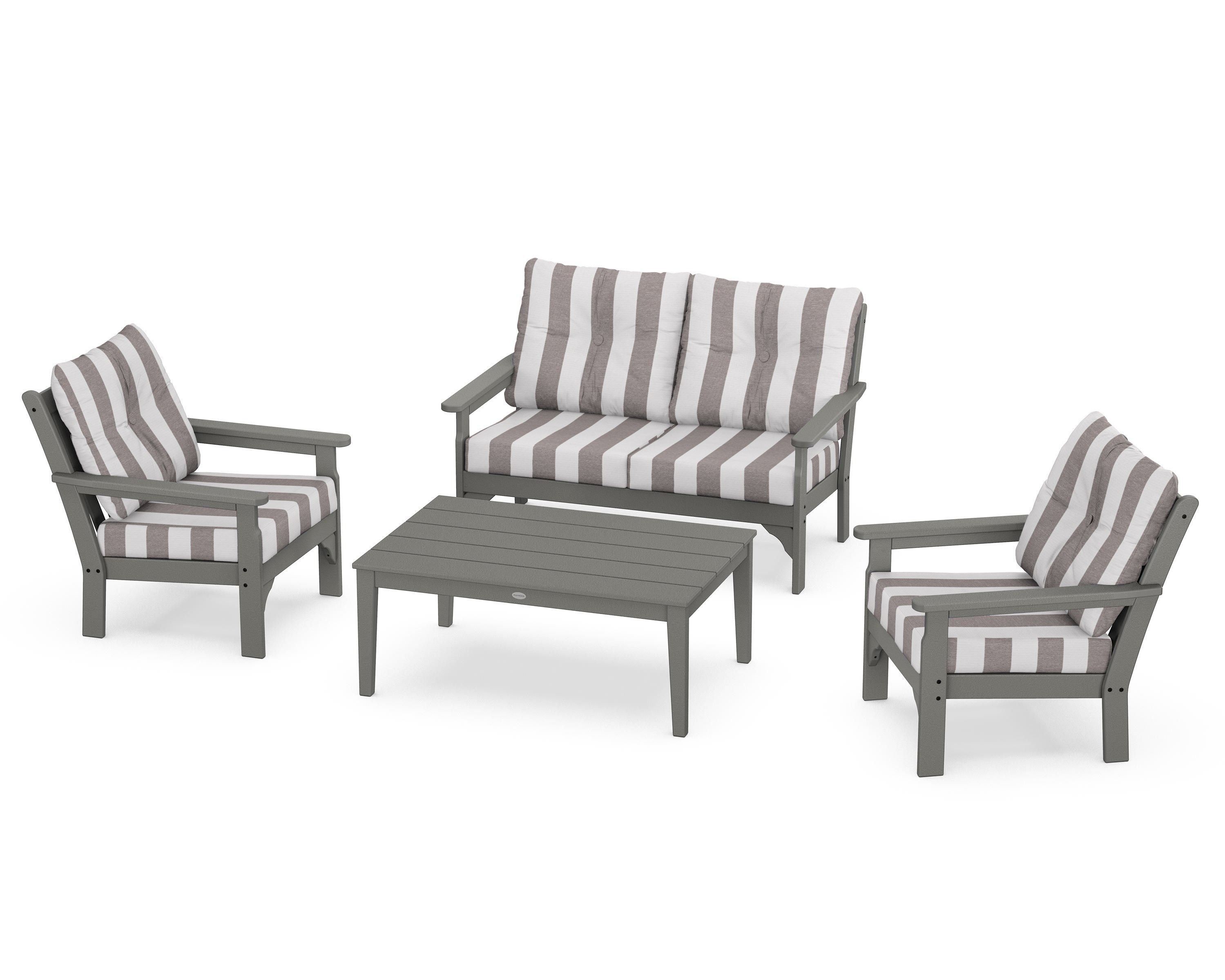 POLYWOOD® Vineyard 4-Piece Deep Seating Set in Slate Grey / Cabana Stripe Grey Mist