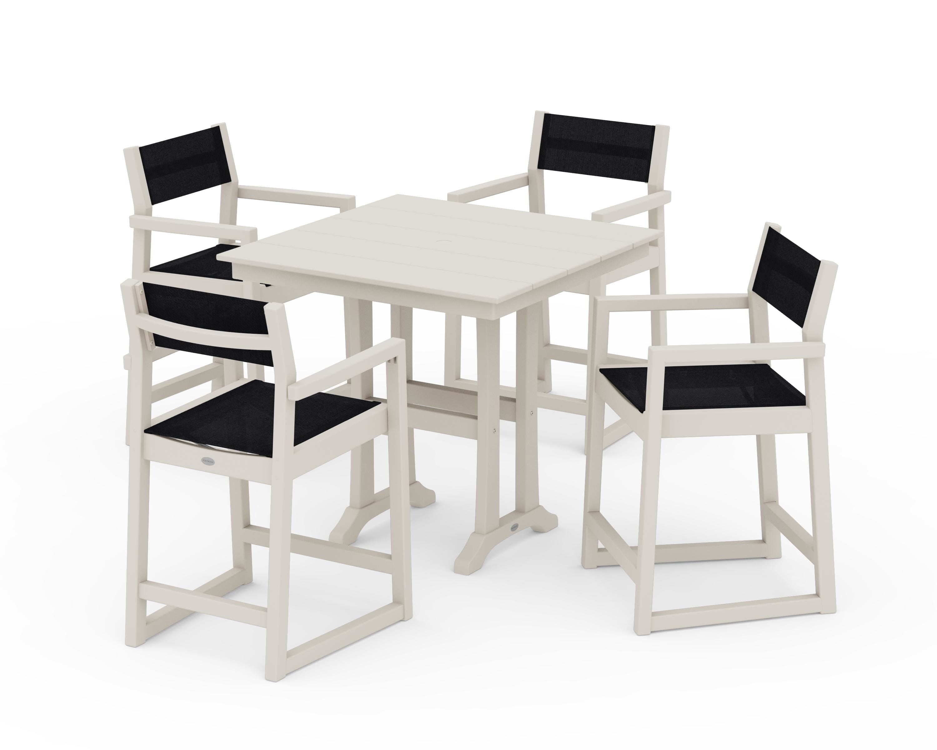 POLYWOOD® EDGE Sling Arm Chair 5-Piece Farmhouse Counter Set with Trestle Legs in Sand / Black Sling