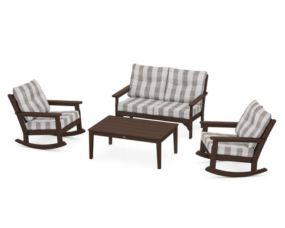 POLYWOOD® Vineyard 4-Piece Deep Seating Rocking Chair Set in Mahogany / Buffalo Plaid Grey Mist