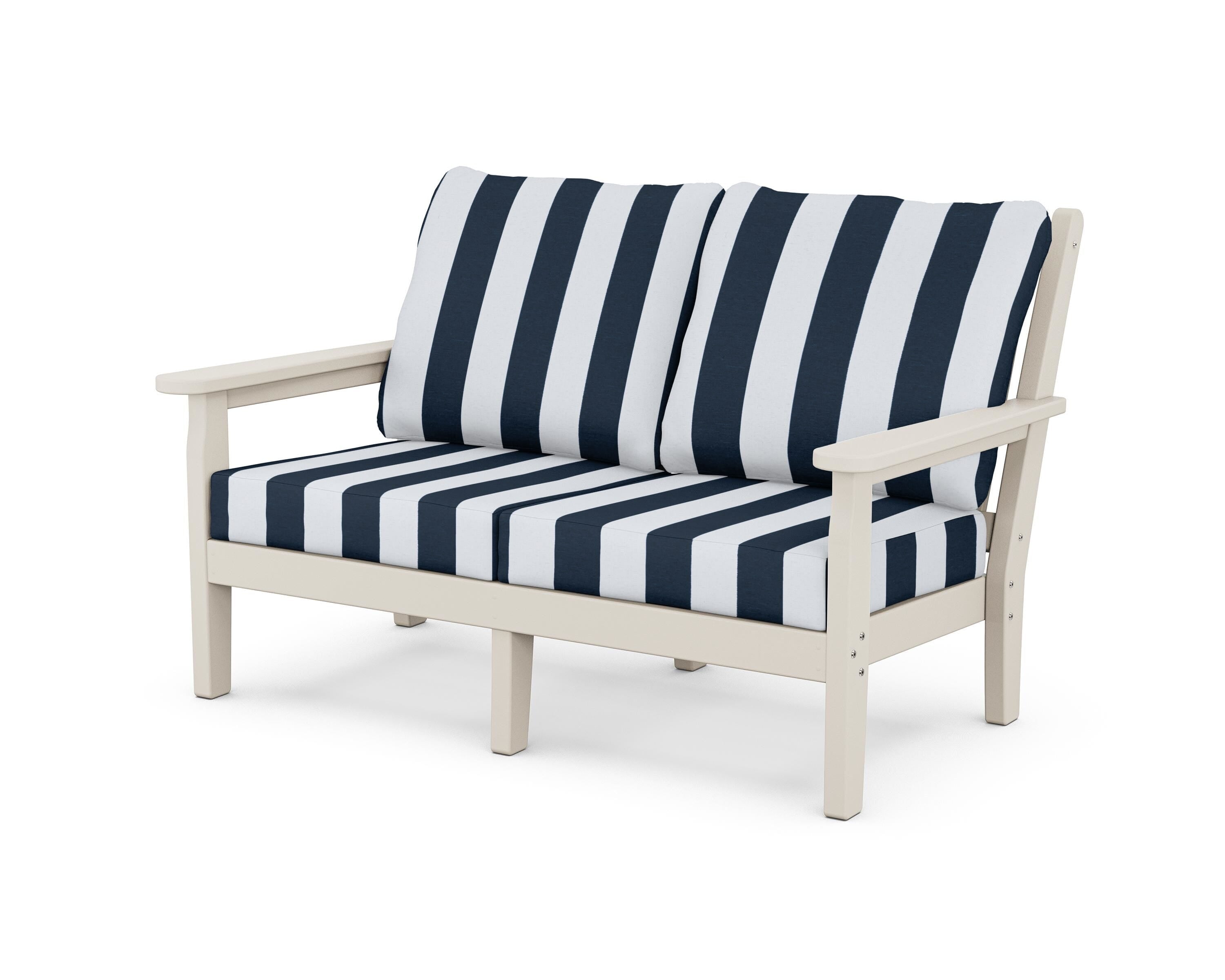 POLYWOOD® Chippendale Deep Seating Loveseat in Sand / Cabana Stripe Marine Indigo