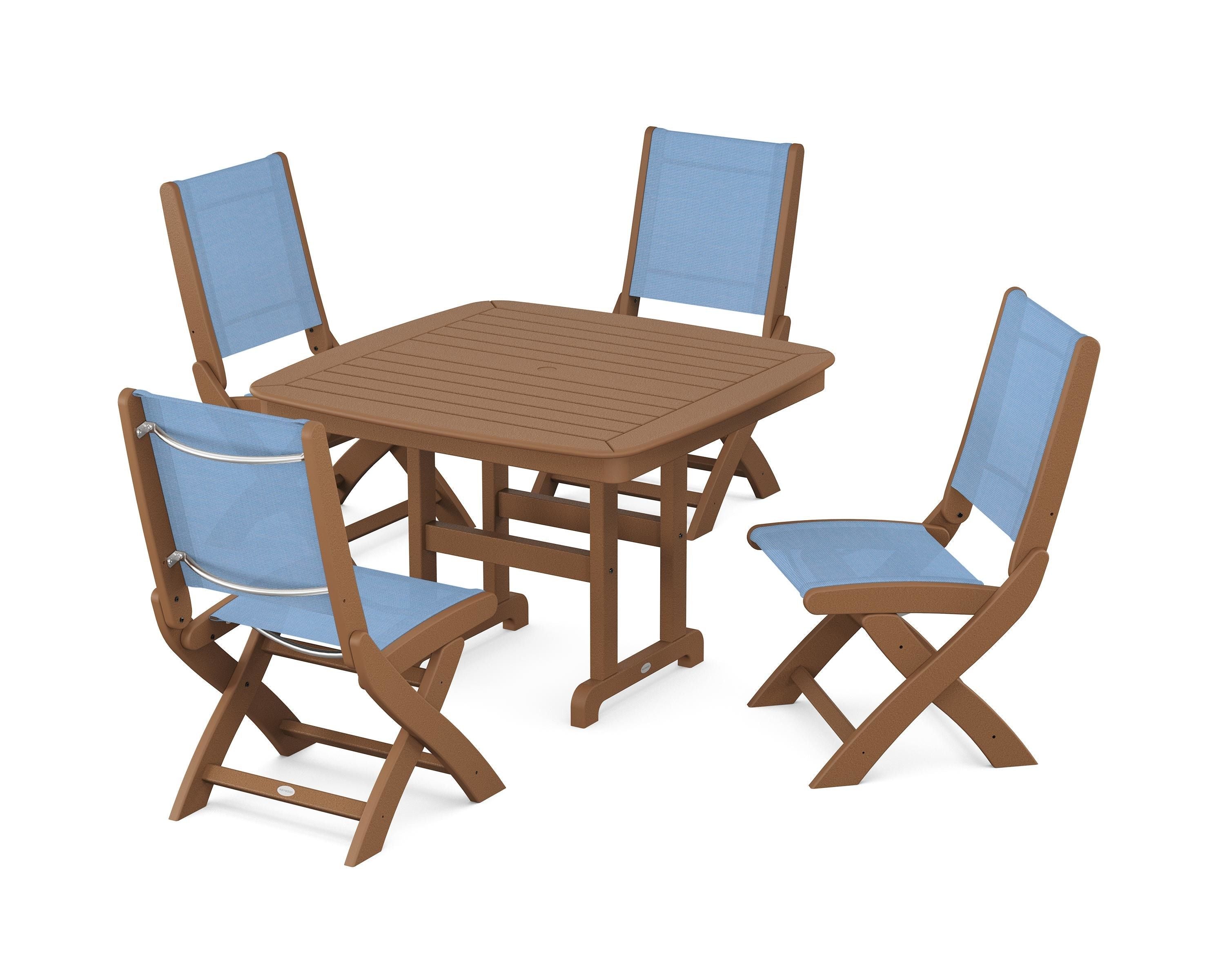 POLYWOOD® Coastal Folding Side Chair 5-Piece Dining Set in Teak / Poolside Sling